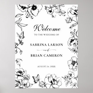 Poster Elegante Jardim Floral Preto e Branco Boas-Vindas