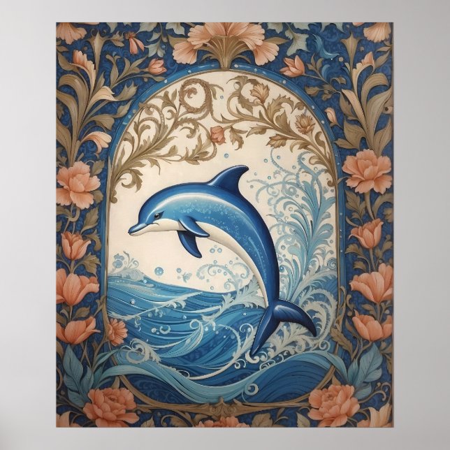Poster Elegante Jumping Dolphin William Morris Inspirou (Frente)