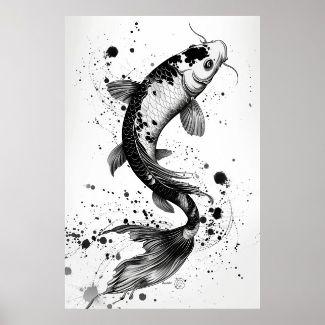 Poster Elegante Koi Fish Pond Black Stroke Flat Illustrat (Frente)