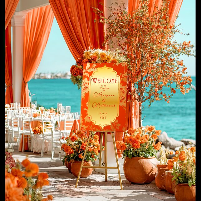 Pôster Elegante Laranja e Dourado Casamento Mandarim (Elegant Floral Orange and Gold Glossy Wedding Welcome Poster )