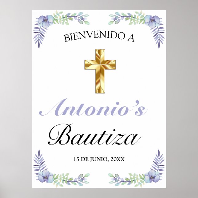 Poster Elegante Lavanda Cruz De Oro Bautizo Bienvenido (Frente)