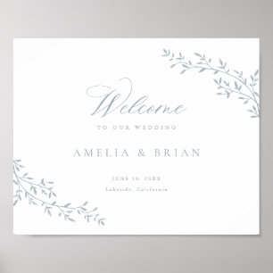 Poster Elegante Leaf Branch Botanical Blue Wedch Welcome