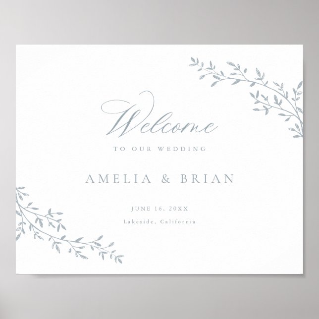 Poster Elegante Leaf Branch Botanical Blue Wedch Welcome (Frente)