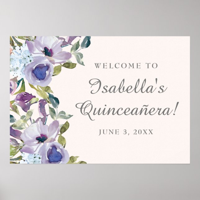 Poster Elegante Lilac Blue Floral Quinceañera Bem-vindo (Frente)