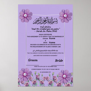 Poster Elegante Lilás Roxo Floral Pérola Islâmico Nikah