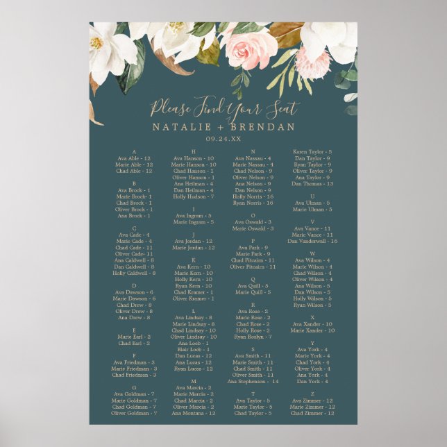 Poster Elegante Magnolia Teal Alphabetic (Frente)