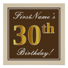 Pôster Elegante, Marrom, Dourado Falso Aniversário de 30 