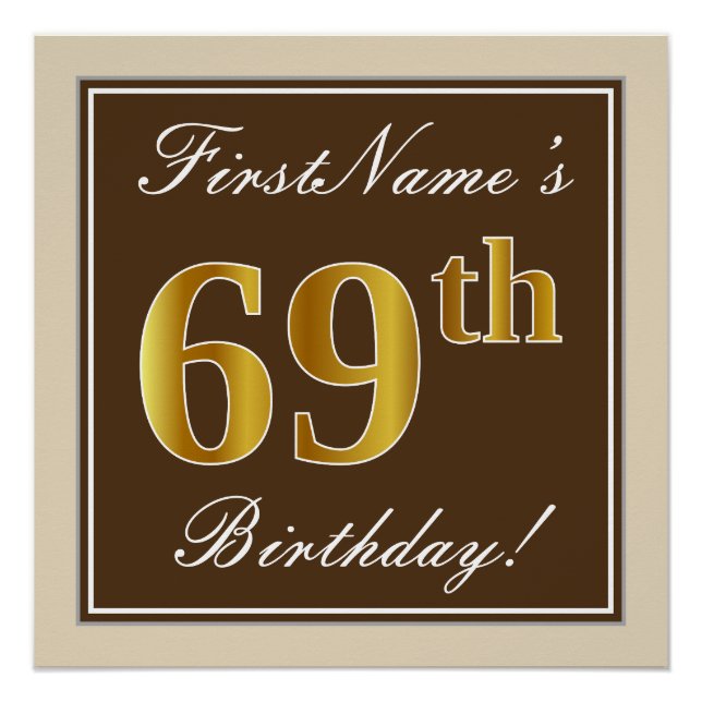 Pôster Elegante, Marrom, Dourado Falso Aniversário de 69  (Frente)