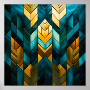 Poster Elegante Moderno Abstrato Dourado Azul Geométrico