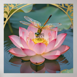 Poster Elegante Moldura Art Nouveau com Flor de Lótus Ros