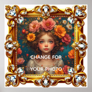 Poster Elegante Moldura Dourada Adornada com Joia Ornamen