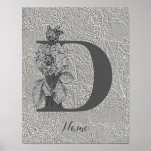 Poster Elegante Monograma Inicial D Peônia Prateada Seu N