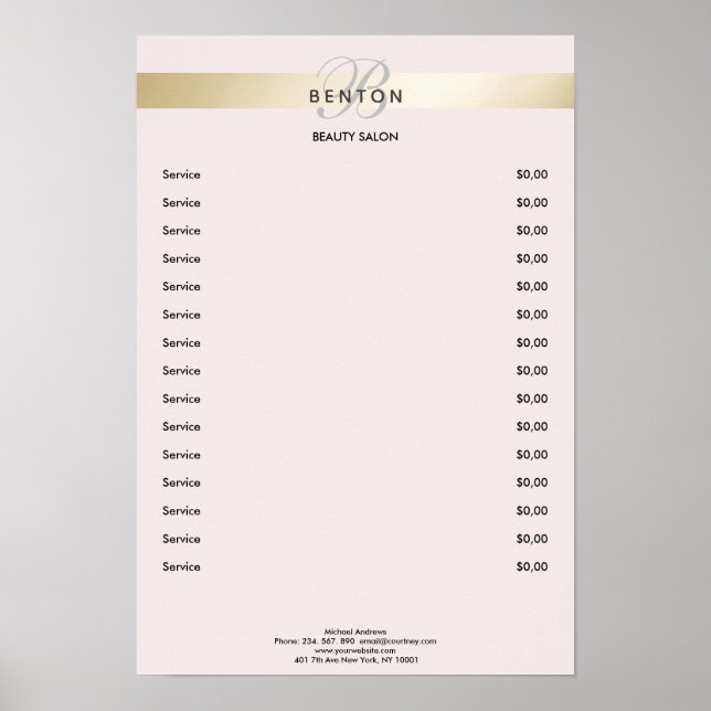 Poster Elegante Monogramm Rosa Dourado Stripe Pricelist (Frente)