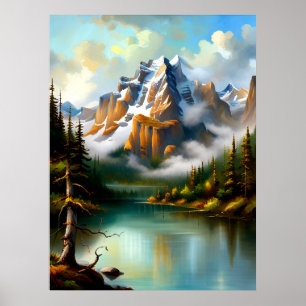 Poster Elegante Montanhas do Lago Impressionista AI