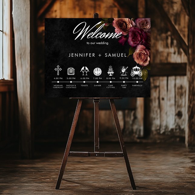 Poster Elegante Moody Muted Rust Burgundy Ordem dos Event (Elegant Moody Muted Rust & Burgundy Floral Wedding Poster)
