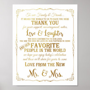 Poster elegante Obrigado mesa sinais de casamento dourado