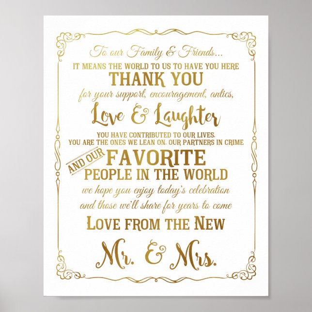 Poster elegante Obrigado mesa sinais de casamento dourado (Frente)