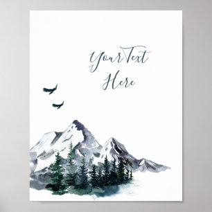 Poster Elegante Paisagem Florestal Montanhosa em Aquarela
