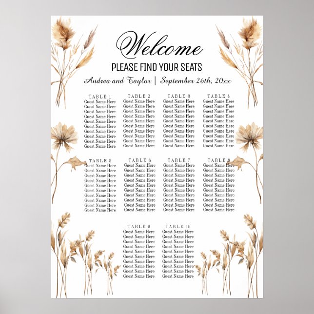 Poster Elegante Pampas Grass 10 Mesas Casando (Frente)