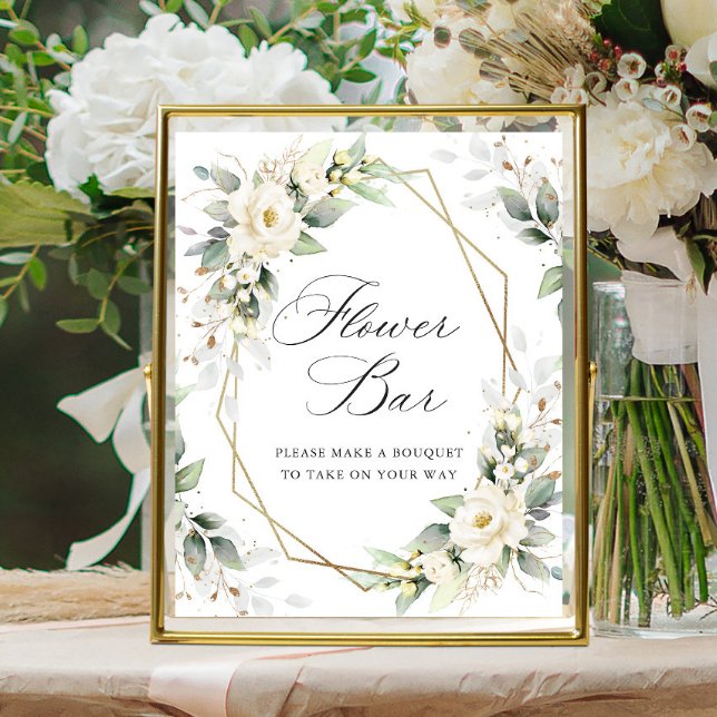 Poster Elegante Pastel White Roses Eucalyptus Flower Bar (Criador carregado)