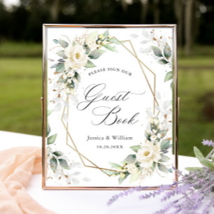 Poster Elegante Pastel White Roses - Sinal de Guestbook