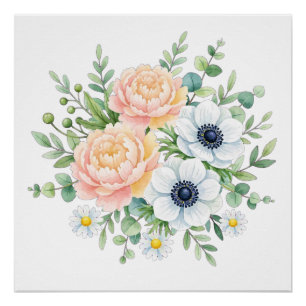 Pôster Elegante peônia em aquarela e floral de anemona br