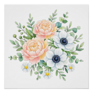 Pôster Elegante peônia em aquarela e floral de anemona br