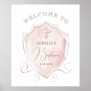 Poster Elegante Pink Watercolor Crest Baptism Bem-vindo