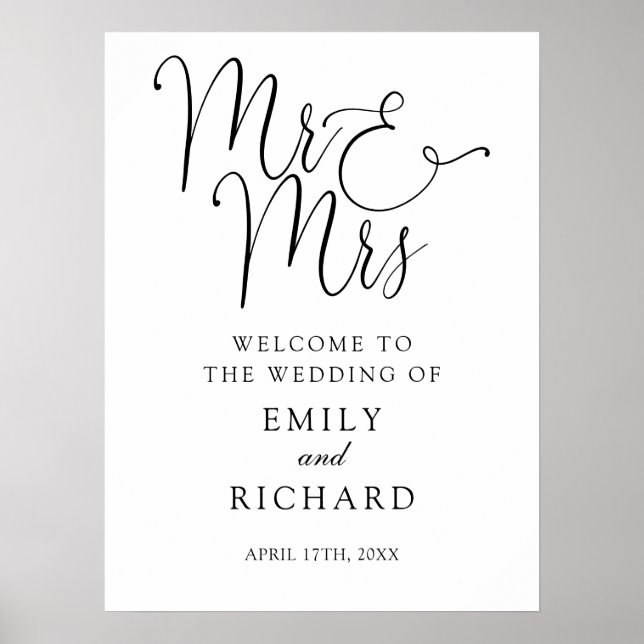 Poster Elegante Placa de Boas-Vindas de Casamento Sr e Sr (Frente)