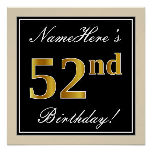 Pôster Elegante, Preto, Dourado Falso Aniversário de 52 a
