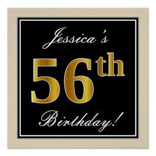 Pôster Elegante, Preto, Falso Dourado Aniversário de 56 a