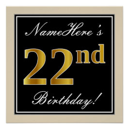 Pôster Elegante, Preto, Faux Dourado 22º Aniversário + No