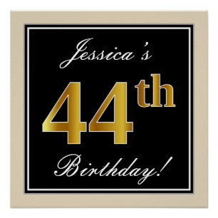 Pôster Elegante, Preto, Faux Dourado 44 Aniversário + Nom