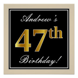 Pôster Elegante, Preto, Faux Dourado 47º Aniversário + No