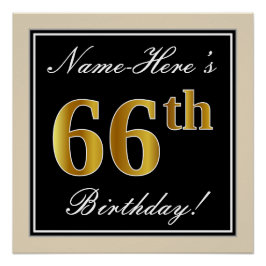 Pôster Elegante, Preto, Faux Dourado 66º Aniversário + No