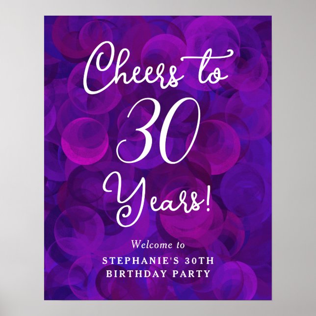 Poster Elegante Purple Cheers a 30 Anos aniversário de 30 (Frente)