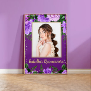 Poster Elegante Quinceañera Floral Roxo Vintage Foto