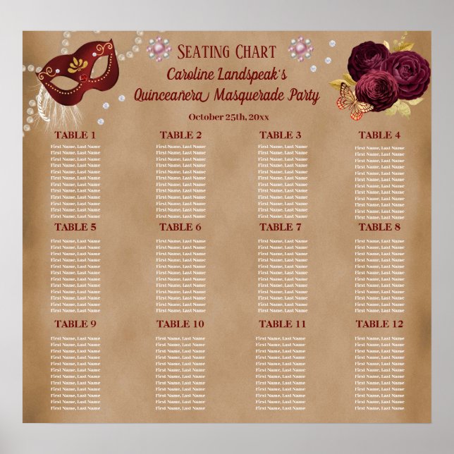 Poster Elegante Red English Rosa, Mascarada Quinceañera (Frente)