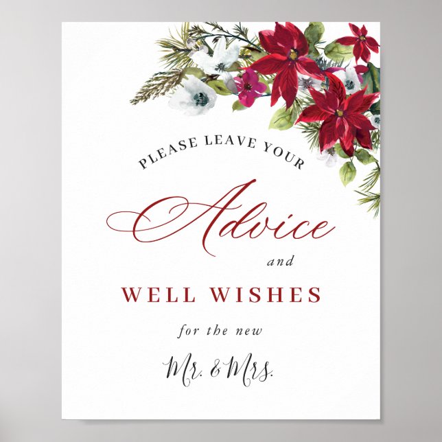 Poster Elegante Red Poinsettia Advice & Deseja Casamento (Frente)