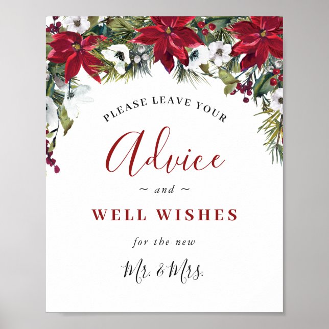 Poster Elegante Red Poinsettia Advice & Deseja Casamento (Frente)