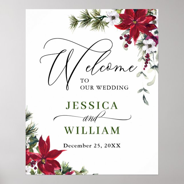 Poster Elegante Red Poinsettia Pine Fir Wedding (Frente)