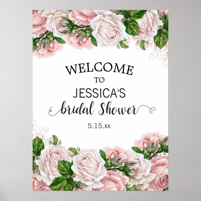 Poster Elegante Rosa Bege Água-Forte Floral Chás de Noiva (Frente)