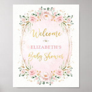 Poster Elegante Rosa Bege Dourado Floral Chuveiro de Bebê