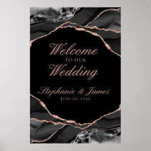 Poster Elegante Rosa Dourada Folha Ágata Boda Bem-Vindo