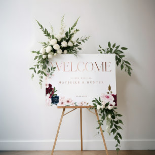Poster Elegante Rosa Dourado Borgonha e Florais Marinhos