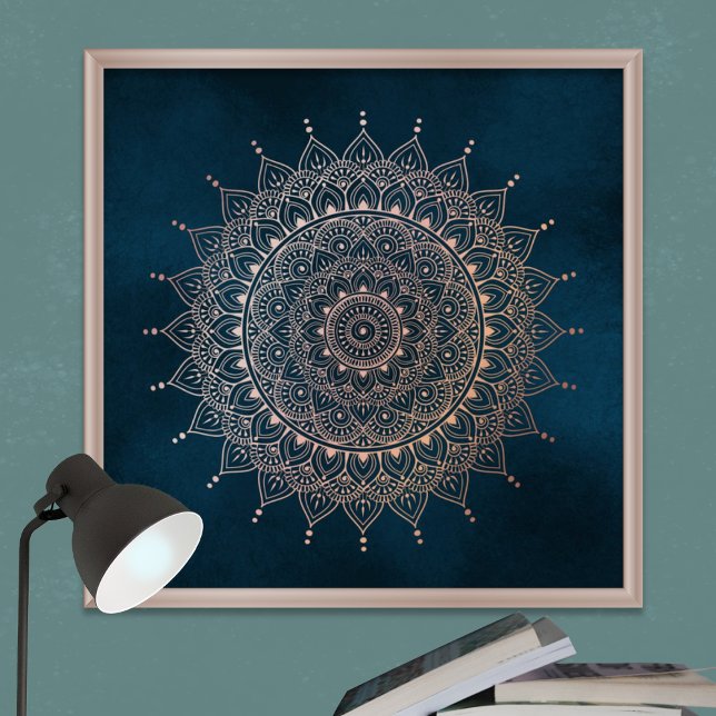 Poster Elegante Rosa Dourado em Teal Floral Henna Mandala (Criador carregado)