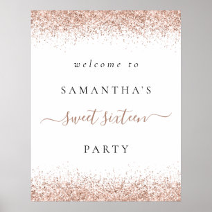 Poster Elegante Rosa Dourado Glitter Bem-Vindo Festa 16 D