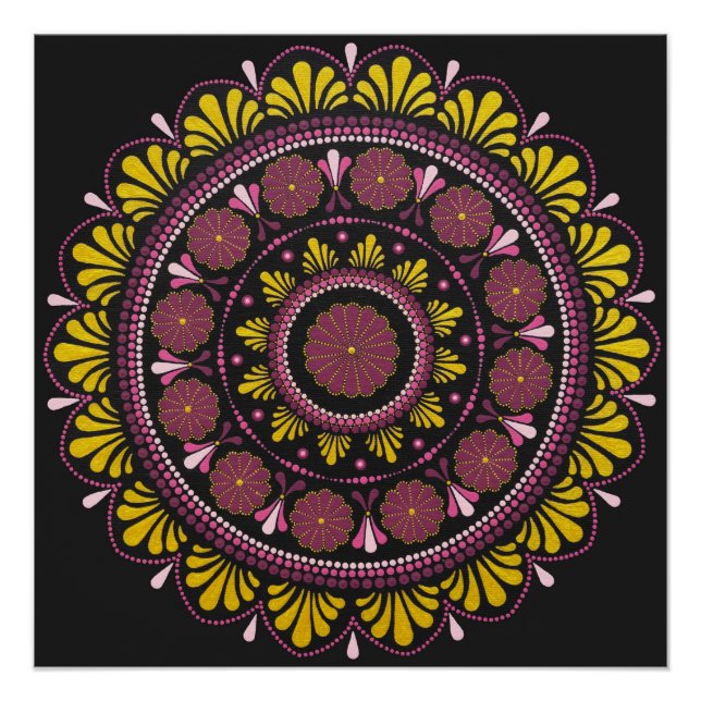 Pôster Elegante rosa Dourado Mandala, Boho Zen Dot Art Fl (Frente)