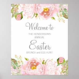 Poster Elegante Rosa Floral Brunch de Páscoa Caça aos Ovo