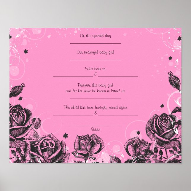 Poster Elegante Rosa Jewish Baby Naming Certificate (Frente)